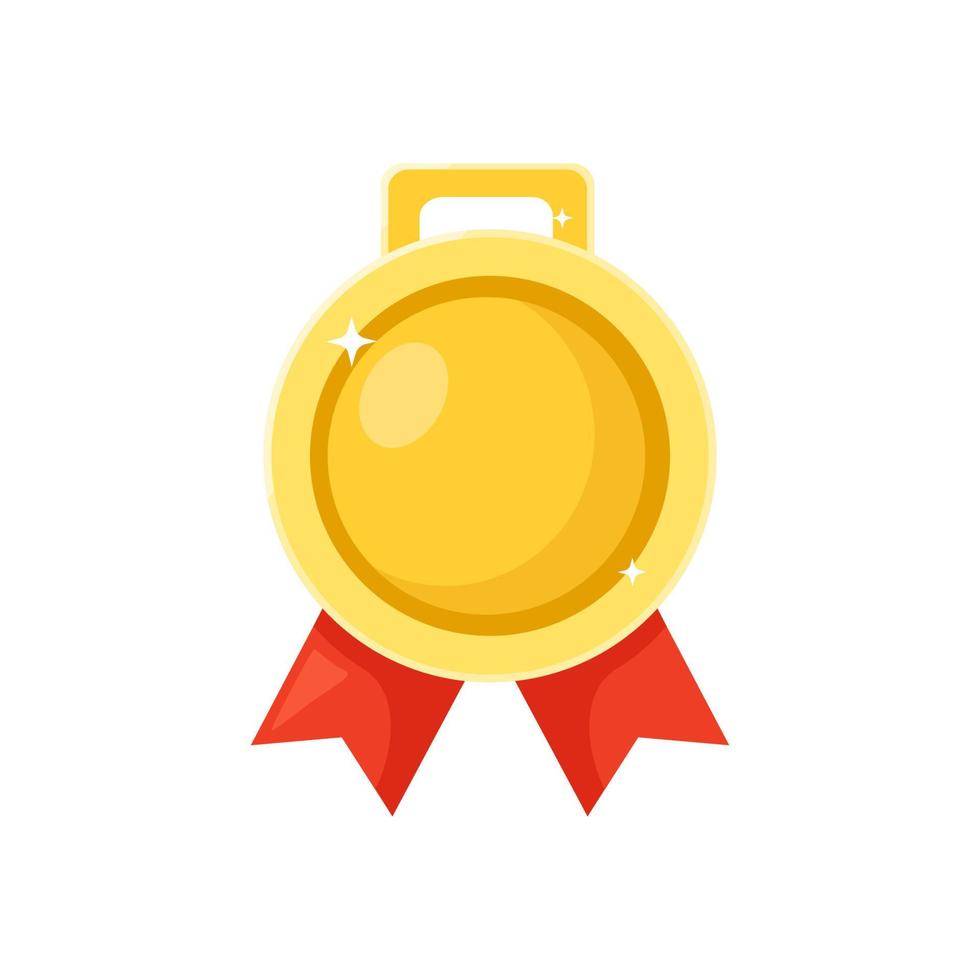 Gold medal with red ribbon for first place. Trophy, winner award isolated on background. Golden badge icon. Sport, business achievement, victory concept. Vector illustration. Flat style design