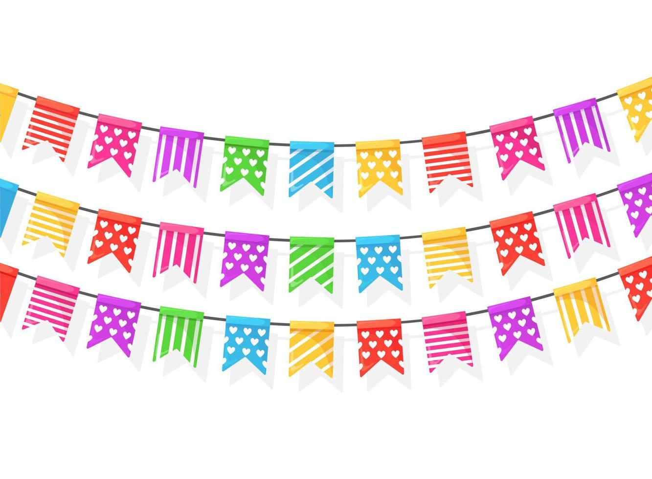 Banner with garland of colour festival flags and ribbons, bunting isolated on white background. Decoration, symbols for celebrate happy birthday party, carnaval, fair. Vector flat design