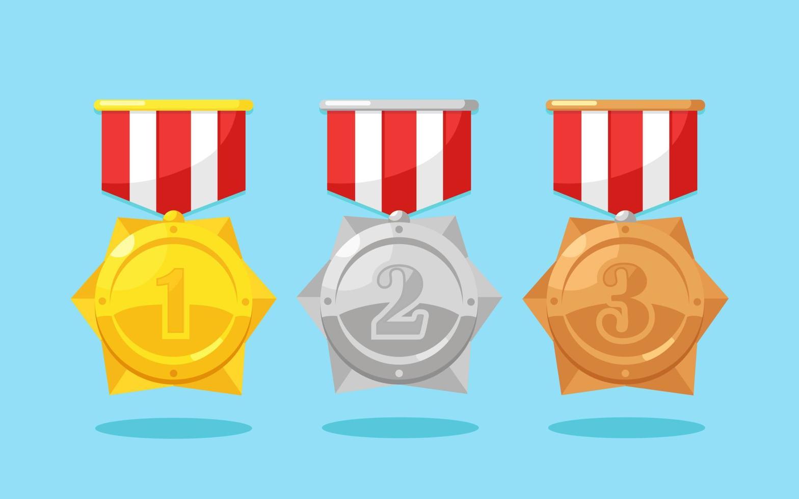 Set of gold, silver, bronze medal with star for first place. Trophy, award for winner isolated on background. Golden badge with ribbon. Achievement, victory concept. Vector cartoon flat design