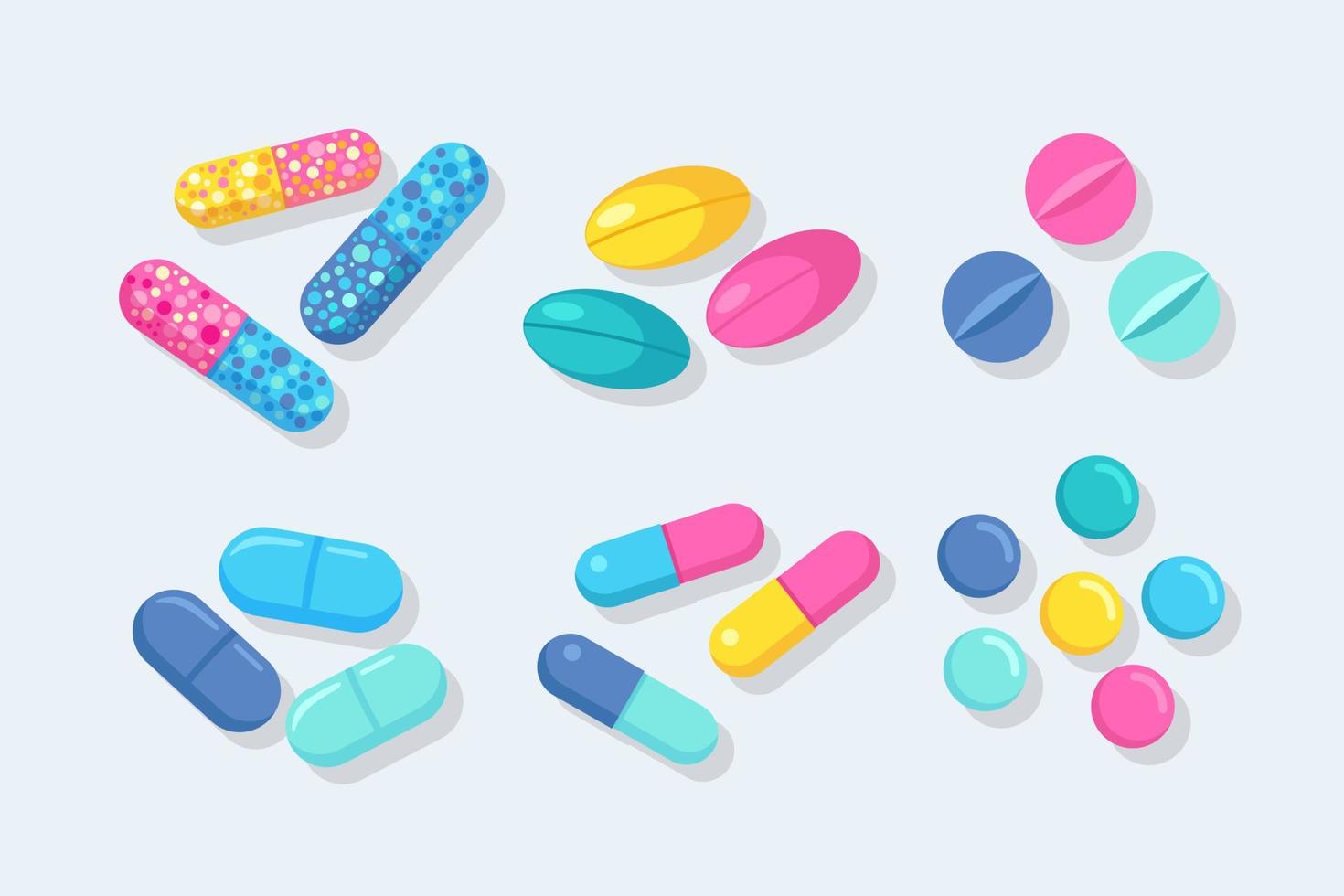Set of pills, medicine, drugs. Painkiller tablet, vitamine, pharmaceutical antibiotics. Healthcare concept. Vector cartoon design