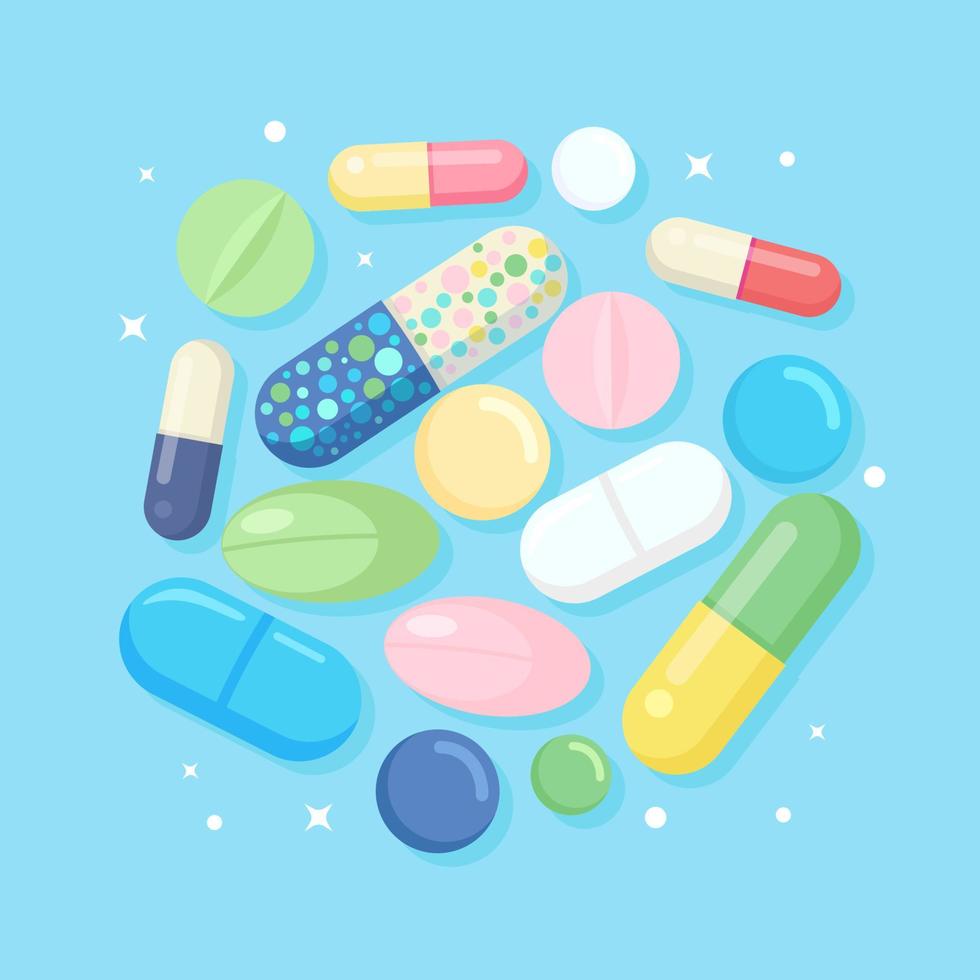 conjunto de pastillas, medicamentos, drogas. tableta analgésica, vitamina, antibióticos farmacéuticos. antecedentes médicos. diseño de dibujos animados de vectores