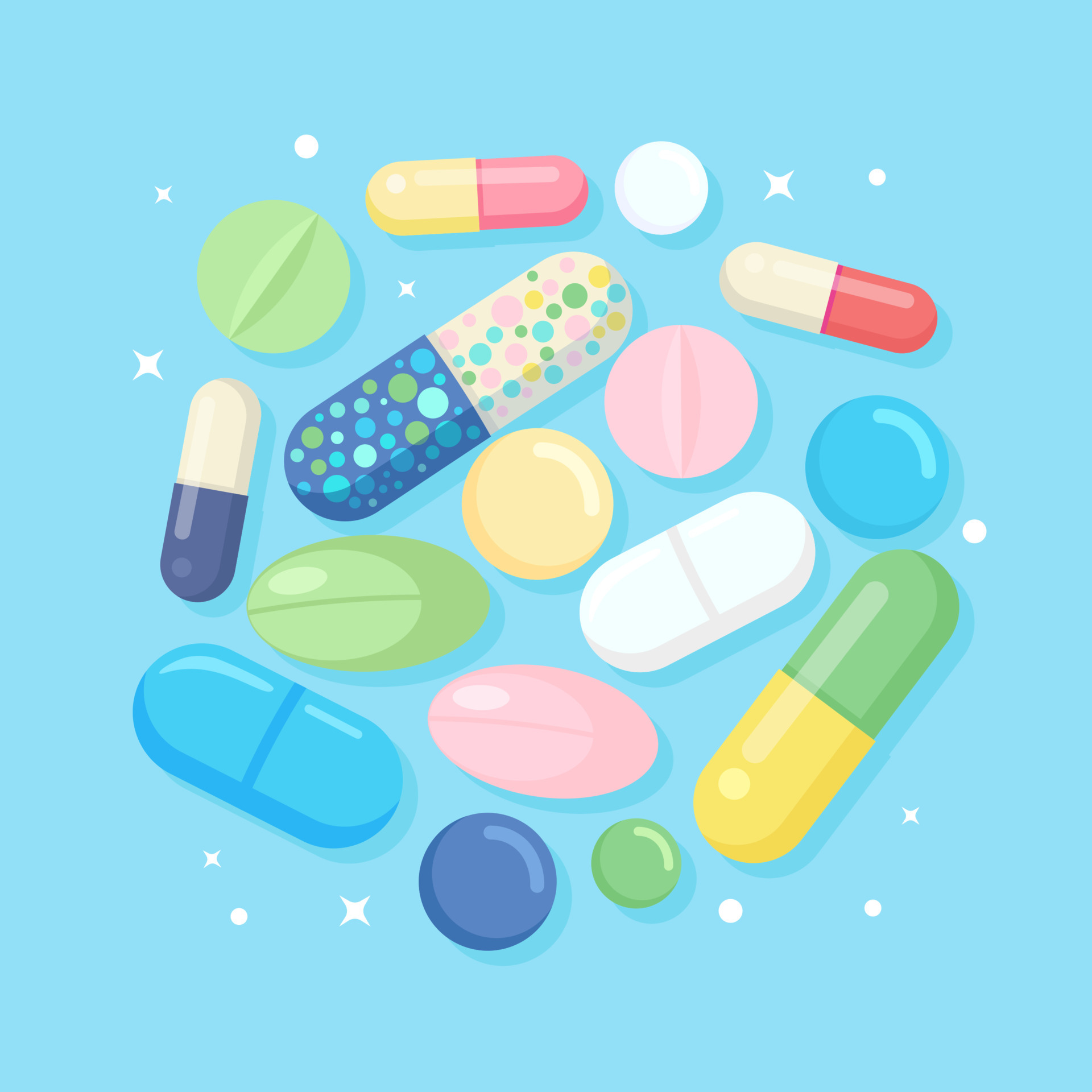 Set of pills, medicine, drugs. Painkiller Tablet, vitamine, pharmaceutical  antibiotics. Medical background. Vector cartoon design 5624026 Vector Art  at Vecteezy