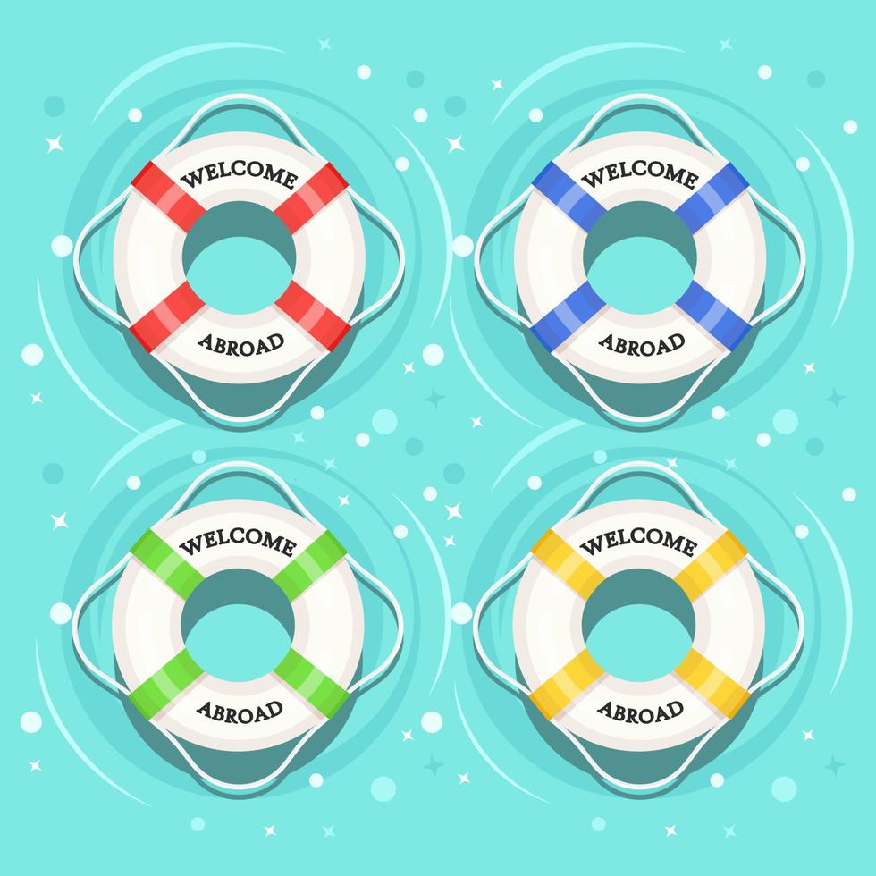 Life buoy floating in swimming pool. Beach rubber ring on water isolated on background. Lifebuoy, cute toy for children. Inflatable circle. Ship Rescue belt for saving people. Vector cartoon flat icon