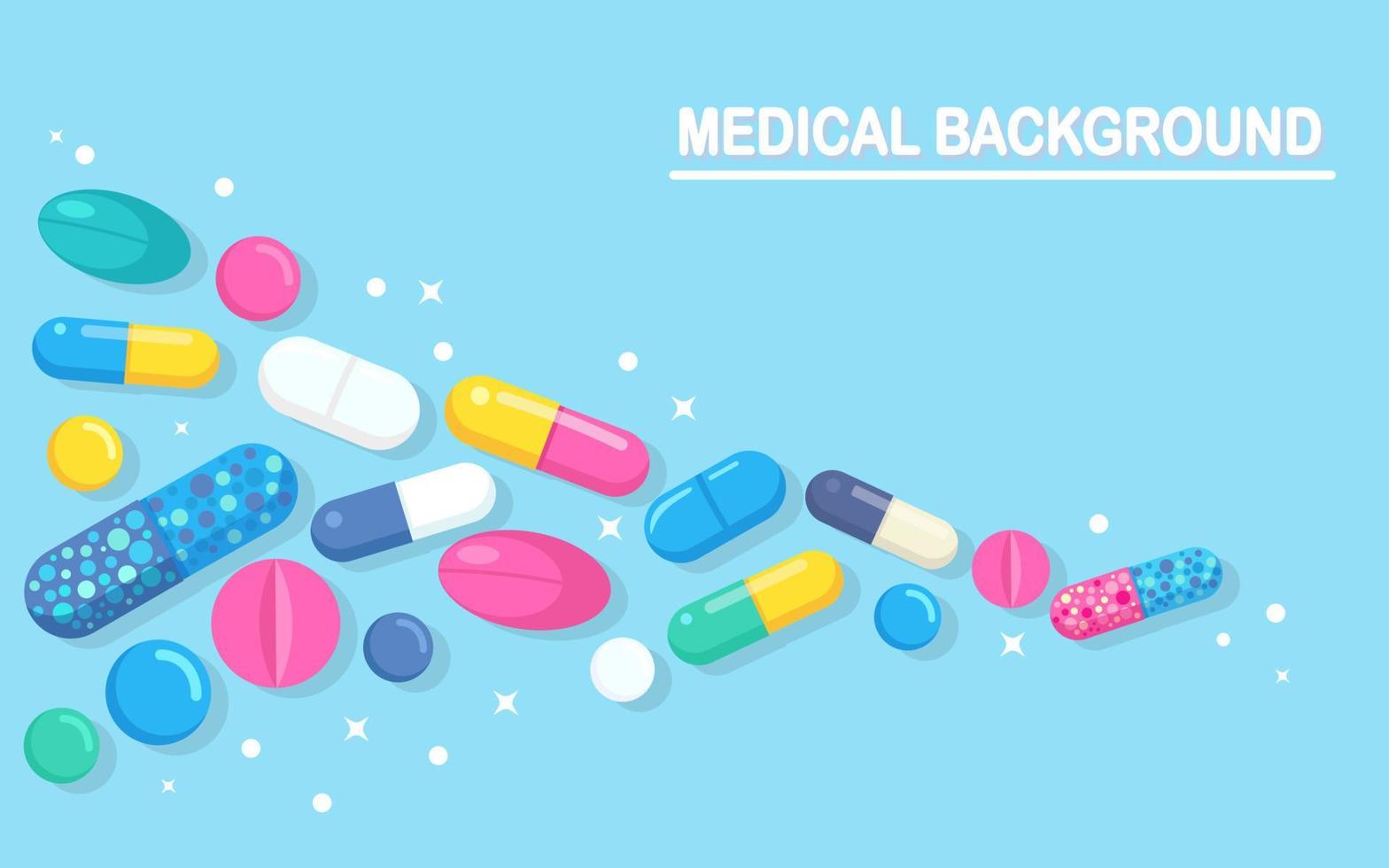 Set of pills, medicine, drugs. Painkiller Tablet, vitamine, pharmaceutical antibiotics. Medical background. Vector cartoon design