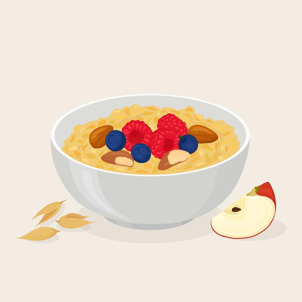 Porridge oats in bowl with bananas, berries, strawberry, nuts and cereals isolated on white background. Healthy breakfast vector