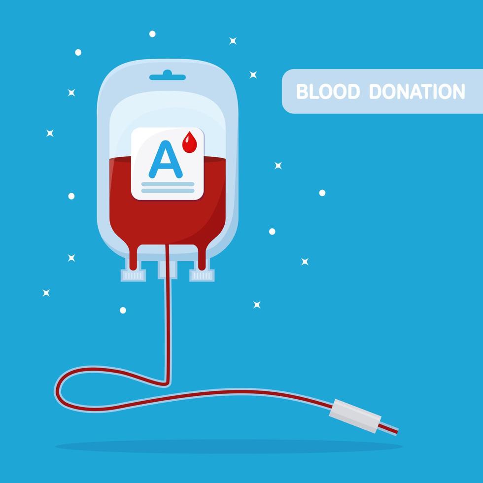 Blood bag with red drop isolated on blue background. Donation, transfusion in medicine laboratory concept. Save patient life. Vector flat design