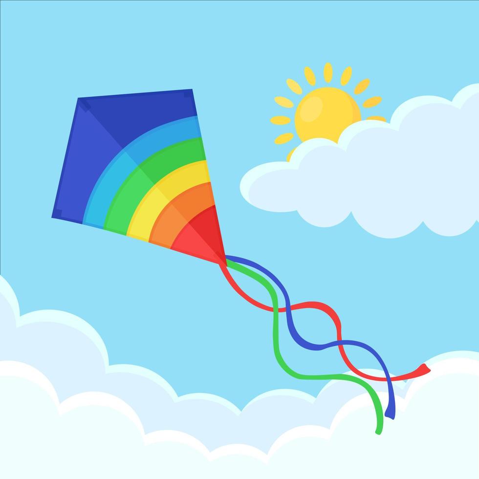 Colorful kite fly in blue sky with clouds. Summer holiday. Vector flat design