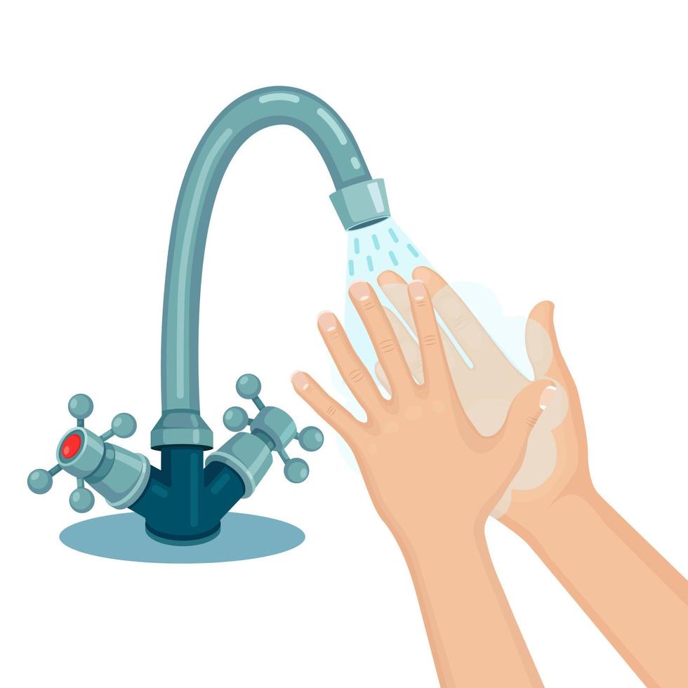 Washing hands with soap foam, scrub, gel bubbles. Water tap, faucet leak. Personal hygiene, daily routine concept. Clean body. Vector cartoon design