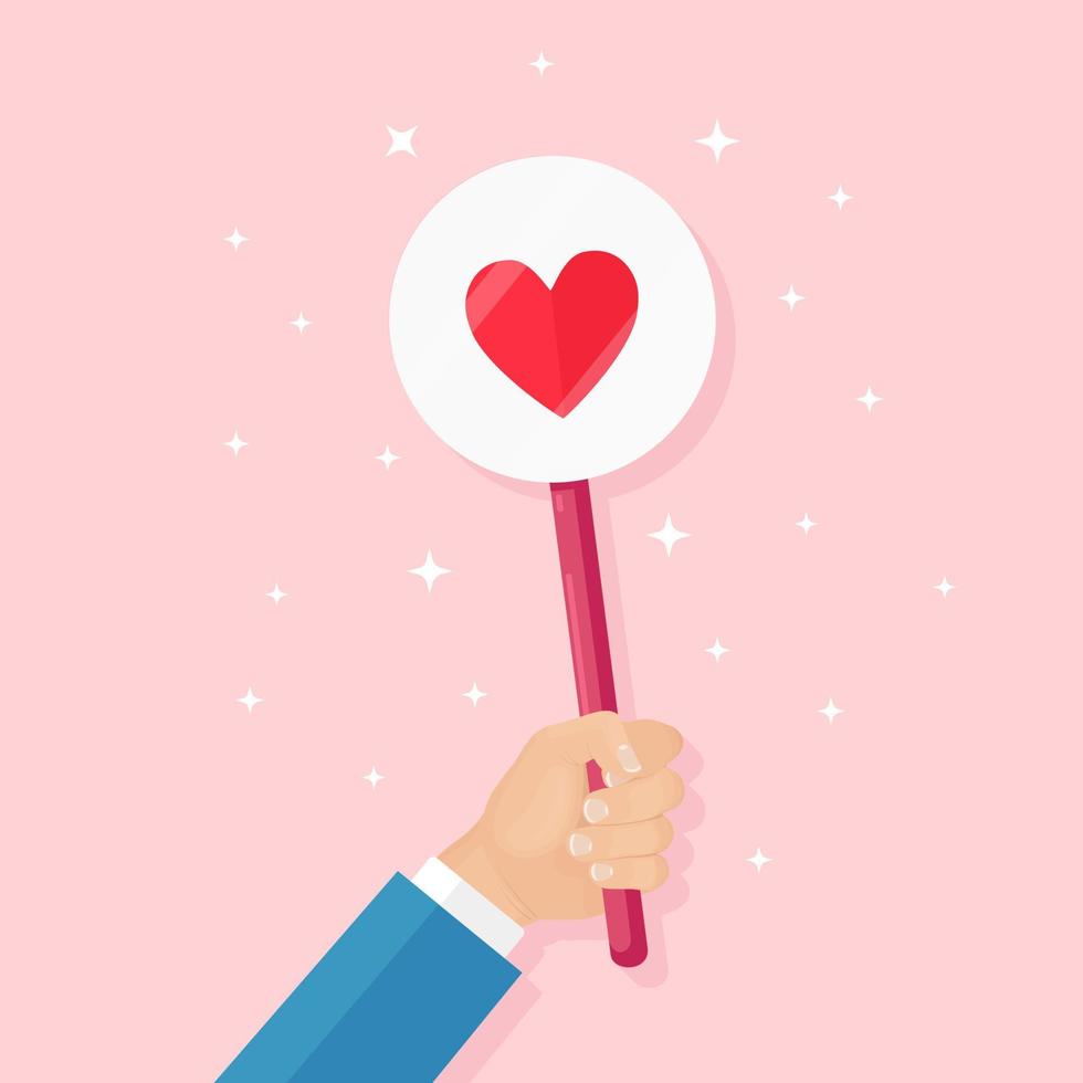 Business man with red heart placard. Social media, network. Good opinion. Testimonials, feedback, customer review, like concept. Valentines day. Vector flat design