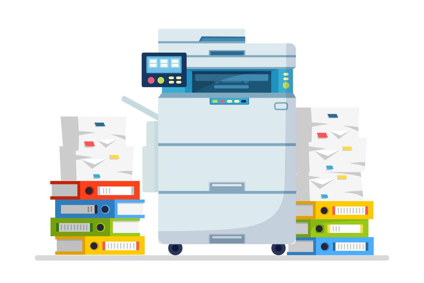 impresora, máquina de oficina con papel, pila de documentos. escáner, equipo de copia. papeleo. dispositivo multifunción. diseño de dibujos animados de vectores