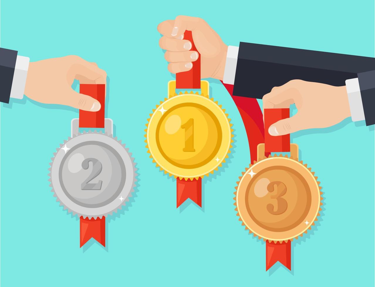 Gold, silver, bronze medal for first place in hand. Trophy, award for winner  isolated on background. Set of golden badge with ribbon. Achievement, victory. Vector cartoon illustration Flat design