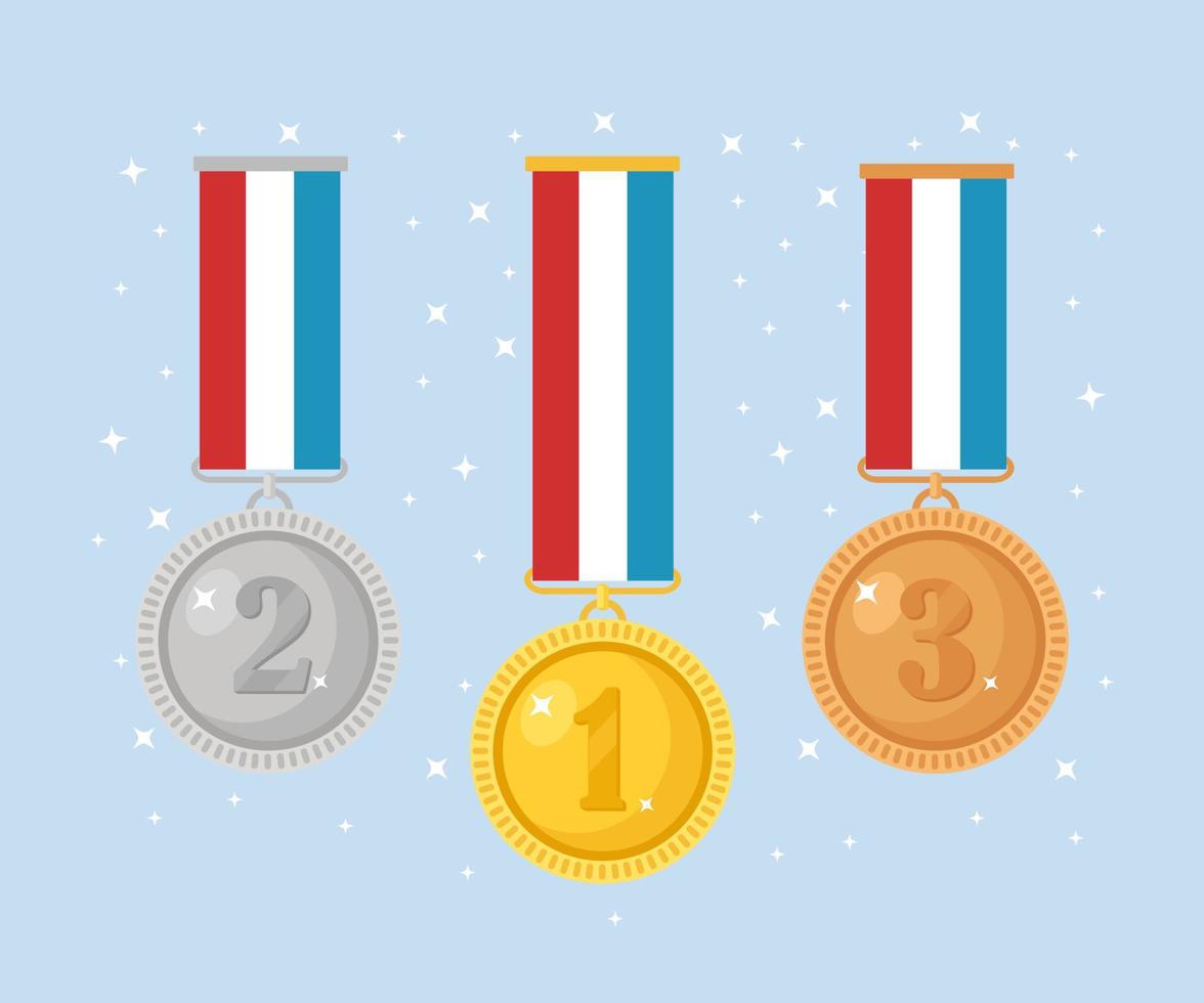 Gold, silver, bronze medal for first place. Trophy, award for winner  isolated on blue background. Set of golden badge with ribbon. Achievement, victory. Vector cartoon illustration Flat design