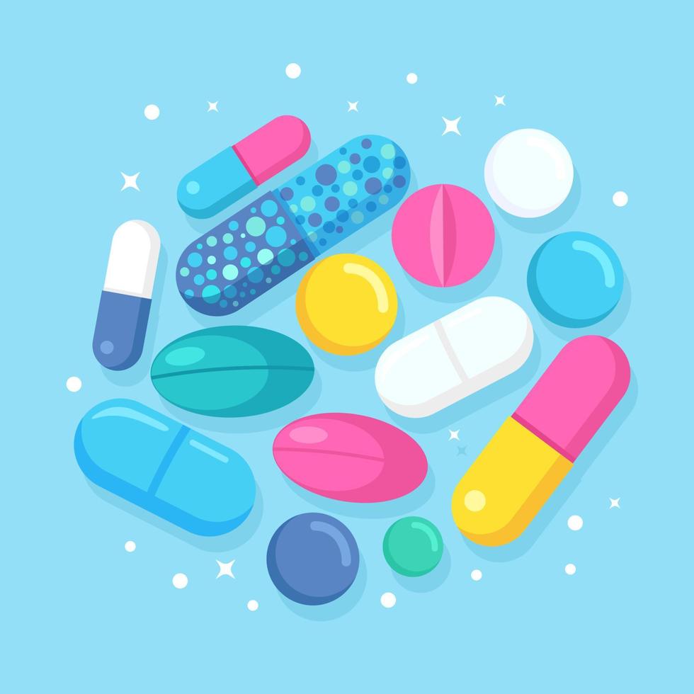 Set of pills, medicine, drugs. Painkiller tablet, vitamine, pharmaceutical antibiotics. Healthcare concept. Vector cartoon design