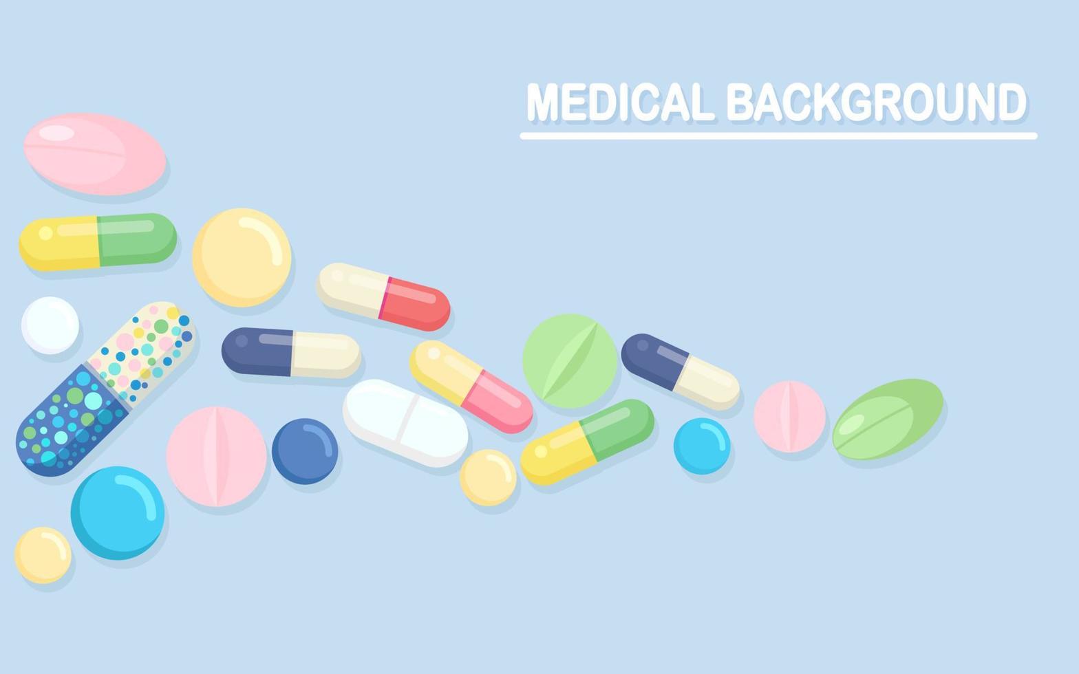 conjunto de pastillas, medicamentos, drogas. tableta analgésica, vitamina, antibióticos farmacéuticos. antecedentes médicos. diseño de dibujos animados de vectores
