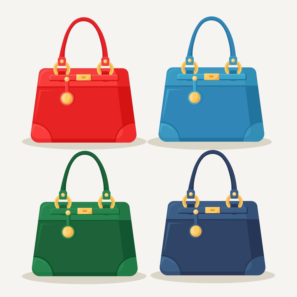 Feminine handbag for shopping, travel, vacation. Leather bag with handle isolated on white background. Beautiful casual collection of summer woman accessory. Vector flat design