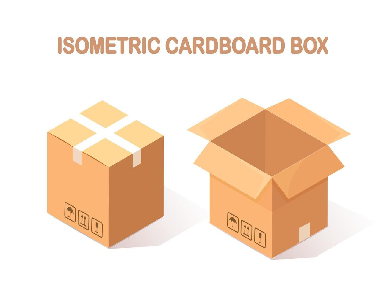 conjunto de cartón isométrico 3d, caja de cartón aislada sobre fondo blanco. paquete de transporte en tienda, concepto de distribución. diseño de dibujos animados de vectores