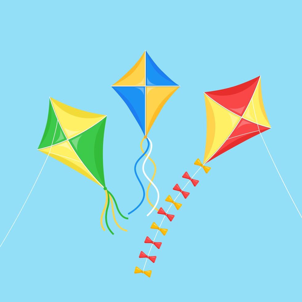 Colorful kite flying in blue sky, sun isolated on background. Summer, spring holiday, toy for child. Vector flat design