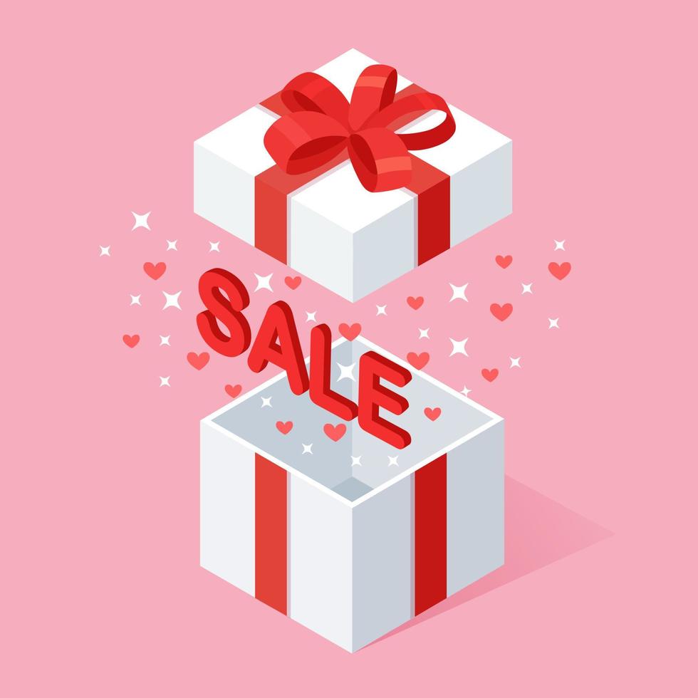Opened gift box with bow, ribbon isolated on white background. 3d isometric red package, surprise with confetti. Sale, shopping. Holiday, christmas, birthday concept. Vector cartoon design