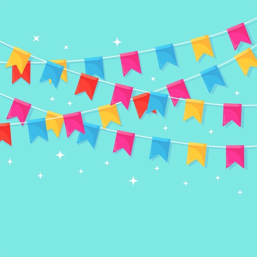 pancarta con guirnaldas de banderas y cintas del festival de colores, empavesado. fondo para celebrar la fiesta de cumpleaños feliz, carnaval, feria. diseño plano vectorial vector