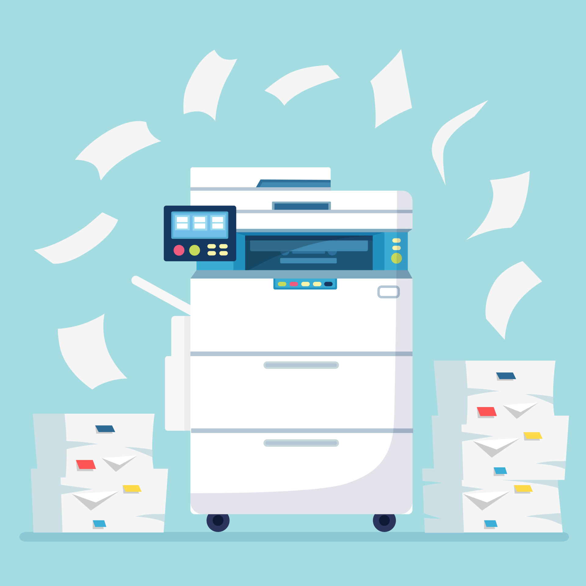 Printer, office machine with paper, document stack. Scanner, copy equipment. Paperwork