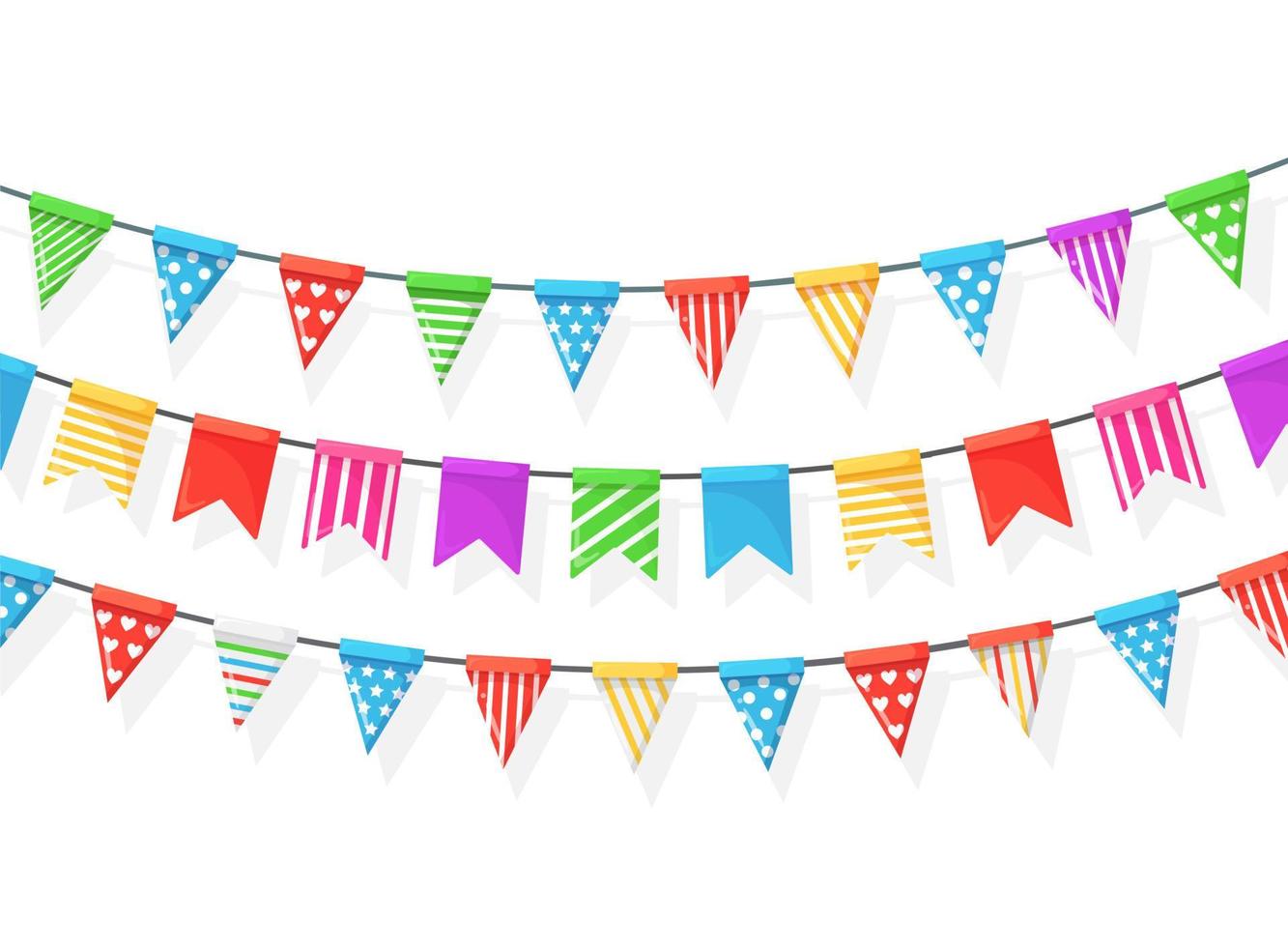 pancarta con guirnaldas de banderas y cintas del festival de colores, banderines aislados en fondo blanco. decoración, símbolos para celebrar la fiesta de cumpleaños feliz, carnaval, feria. diseño plano vectorial vector