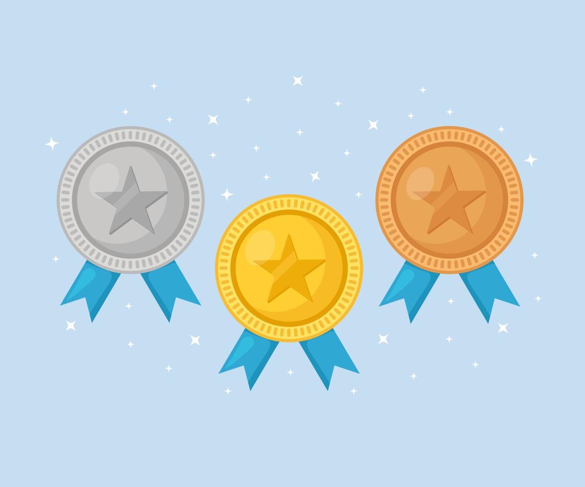 Set of gold, silver, bronze medal with star for first place. Trophy, award for winner isolated on blue background. Golden badge with ribbon. Achievement, victory concept. Vector cartoon flat design