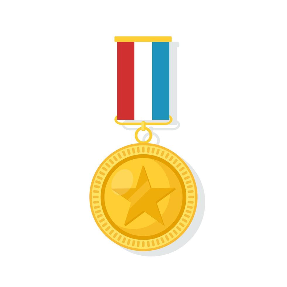 Gold medal with ribbon, star for first place. Trophy, winner award isolated on background. Golden badge icon. Sport, business achievement, victory concept. Vector illustration. Flat style design