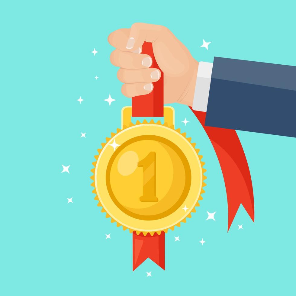Gold medal with red ribbon for first place in hand. Trophy, winner award isolated on background. Golden badge icon. Sport, business achievement, victory concept. Vector flat design