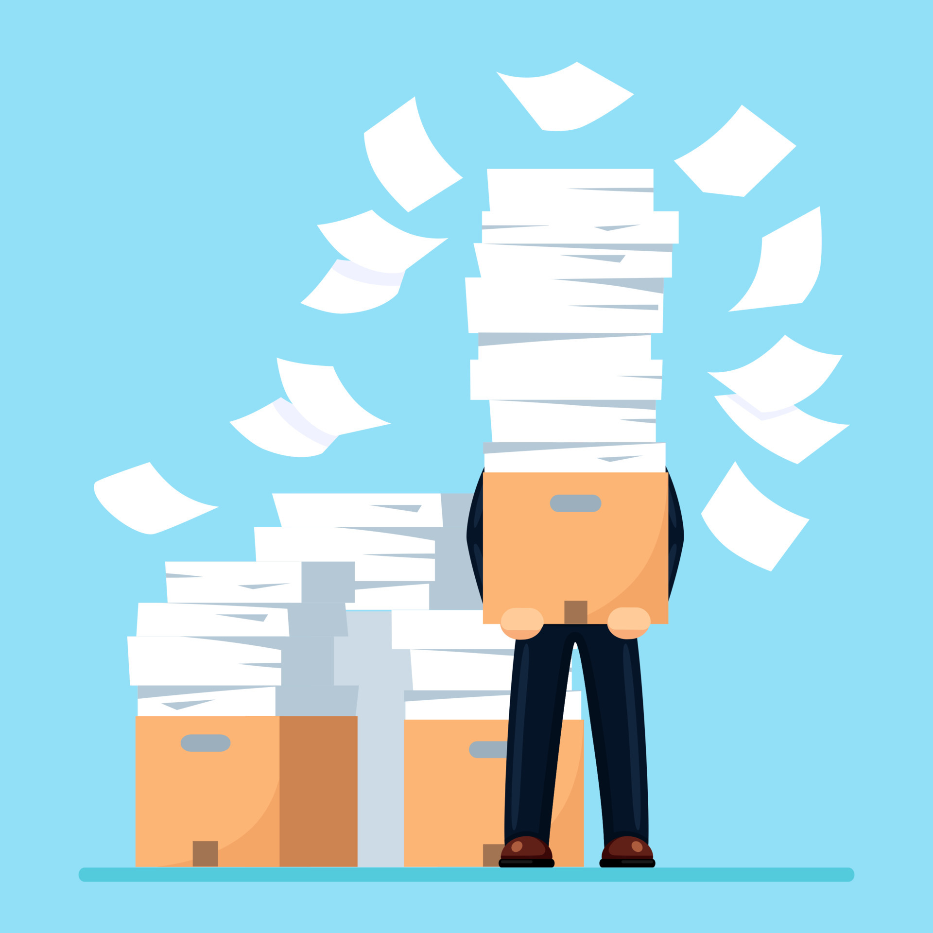 Pile of paper, busy businessman with stack of documents in carton,  cardboard box. Paperwork. Bureaucracy concept. Stressed employee. Vector  cartoon design 5624123 Vector Art at Vecteezy
