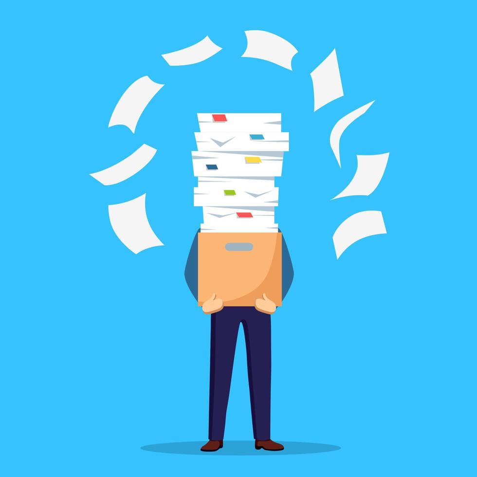 Pile of paper, busy businessman with stack of documents in carton, cardboard box. Paperwork. Bureaucracy concept. Stressed employee. Vector cartoon design