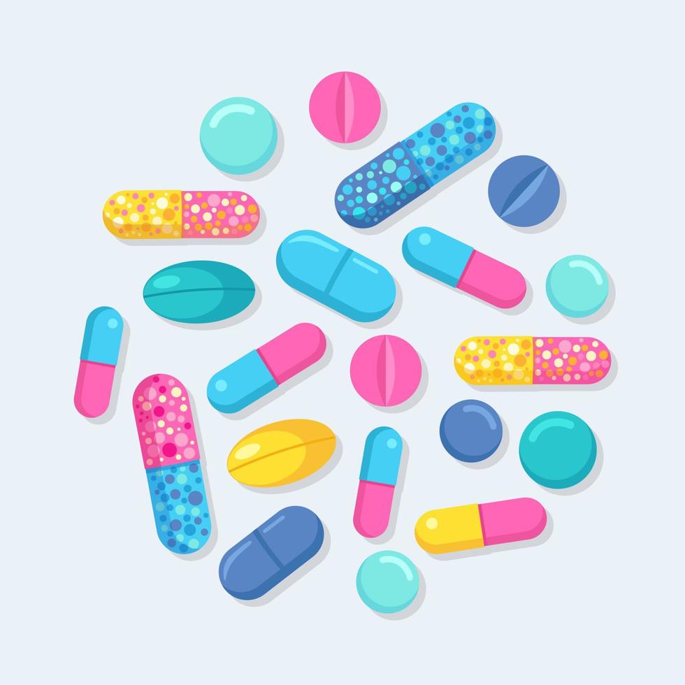 Set of pills, medicine, drugs. Painkiller tablet, vitamine, pharmaceutical antibiotics. Healthcare concept. Vector cartoon design