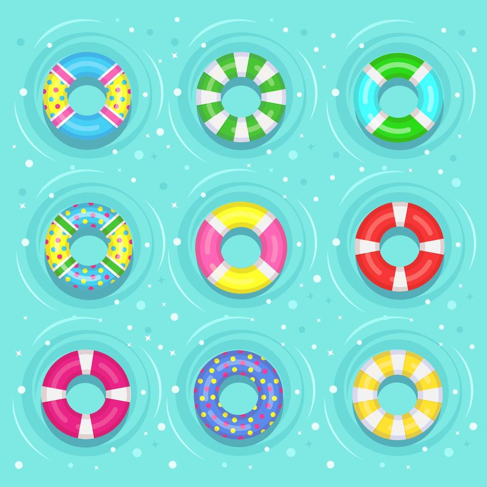 Life buoy floating in swimming pool. Beach rubber ring on water isolated on background. Lifebuoy, cute toy for children. Inflatable circle. Ship Rescue belt for saving people. Vector cartoon flat icon
