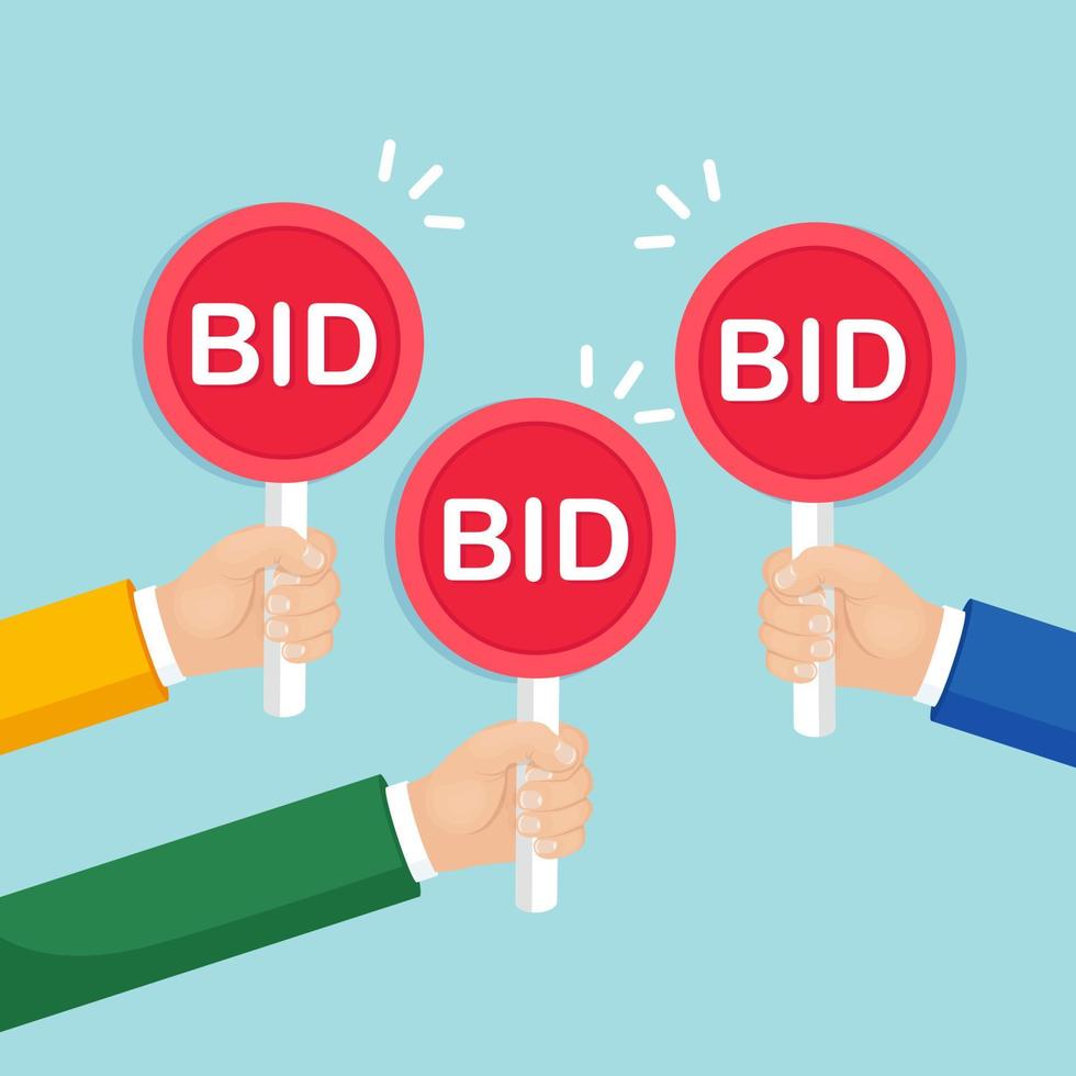 Businessman buyers hands raising auction bid paddles with number Stock  Vector by ©VovanIvan 255366806