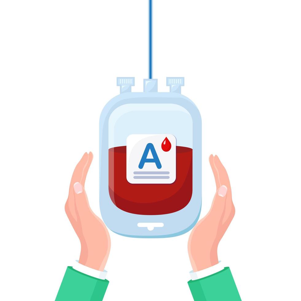 Blood bag with red drop in hand isolated on white background. Donation, transfusion in medicine laboratory concept. Save patient life. Vector flat design