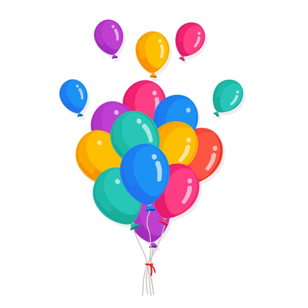 montón de globos de helio, bolas de aire voladoras aisladas en fondo blanco. feliz cumpleaños, concepto de vacaciones. decoración de fiesta diseño de dibujos animados de vectores