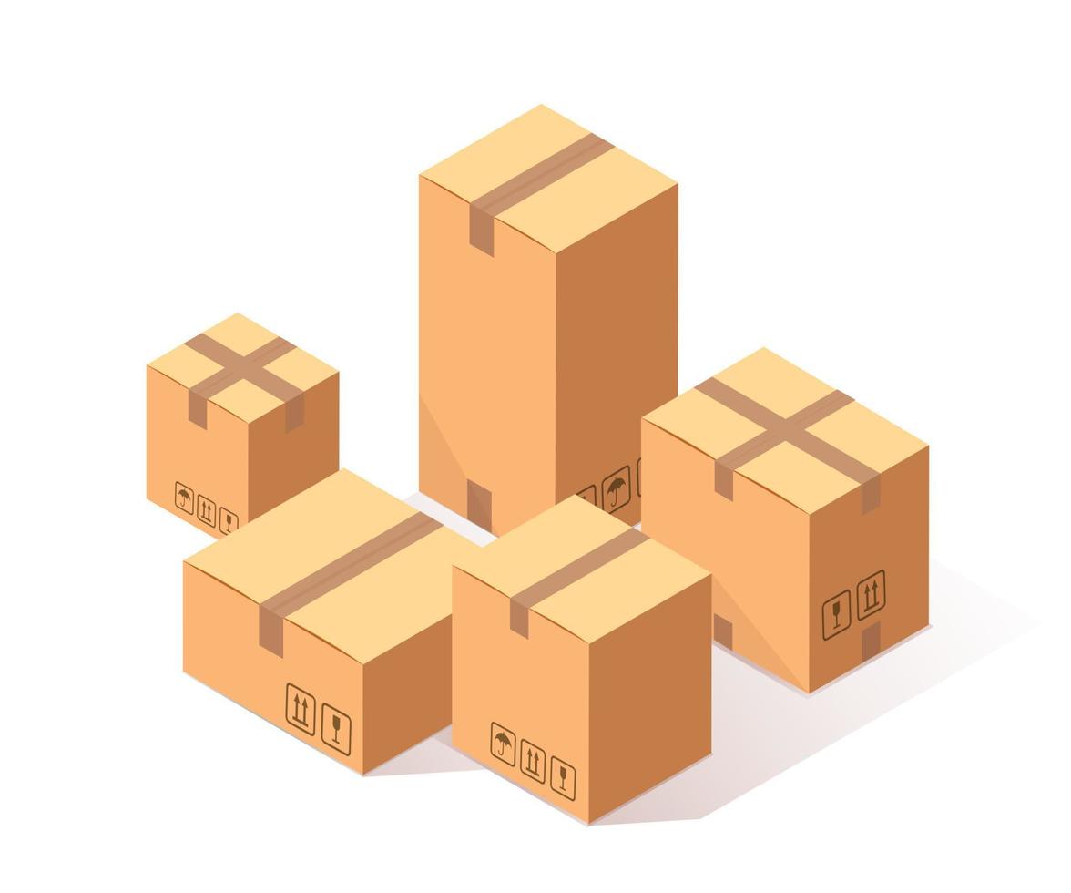 conjunto de cartón isométrico 3d, caja de cartón aislada sobre fondo blanco. paquete de transporte en tienda, concepto de distribución. diseño de dibujos animados de vectores