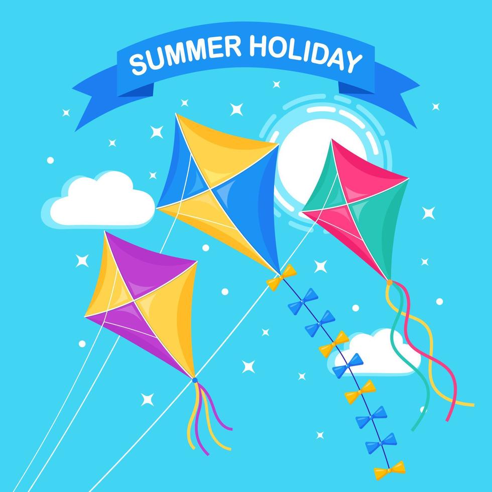 Colorful kite flying in blue sky, sun isolated on background. Summer, spring holiday, toy for child. Vector flat design