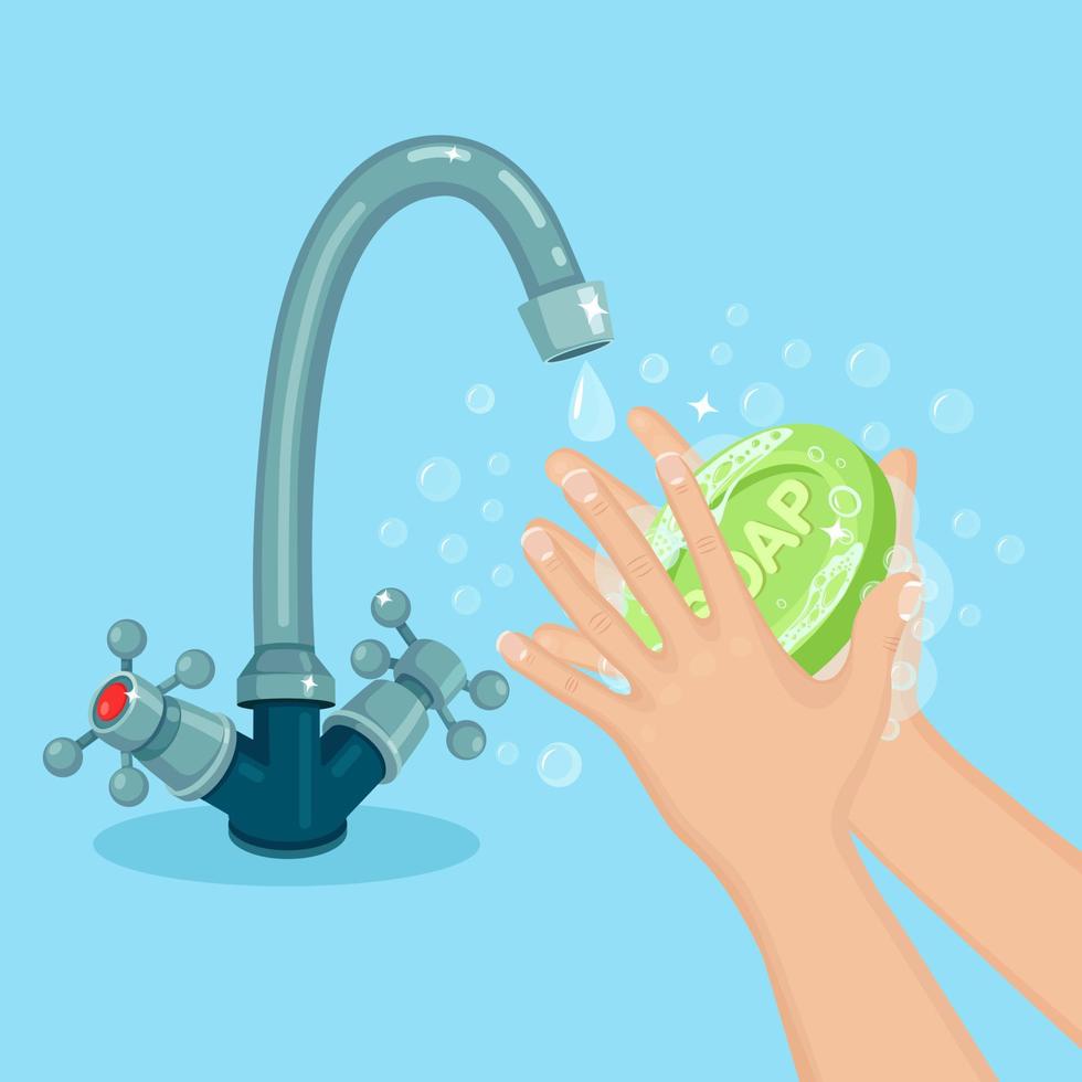 Washing hands with soap foam, scrub, gel bubbles. Water tap, faucet leak. Personal hygiene, daily routine concept. Clean body. Vector cartoon design