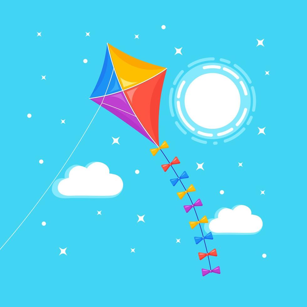 Colorful kite flying in blue sky, sun isolated on background. Summer, spring holiday, toy for child. Vector flat design