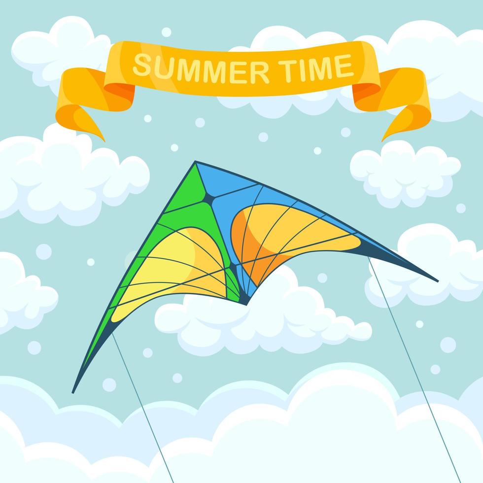 Flying colorful kite in the sky with clouds isolated on background. Summer festival, holiday, vacation time. Kitesurfing concept. Vector illustration. Flat cartoon design