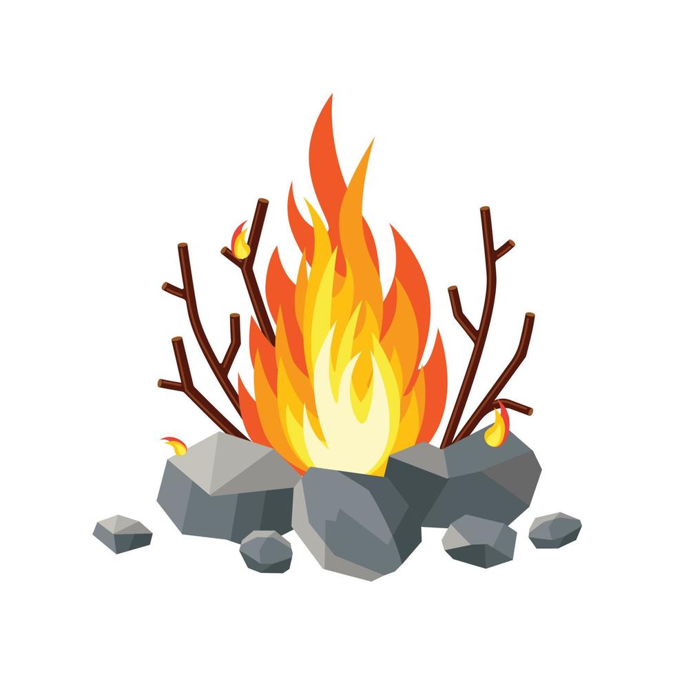 Cartoon fire flames, bonfire, campfire isolated on background. Vector flat design