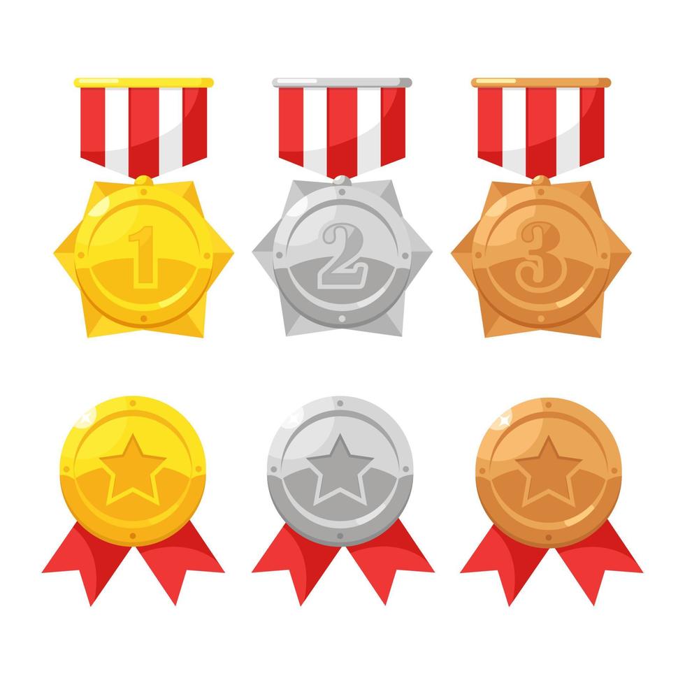 Set of gold, silver, bronze medal with star for first place. Trophy, award for winner isolated on background. Golden badge with ribbon. Achievement, victory concept. Vector cartoon flat design