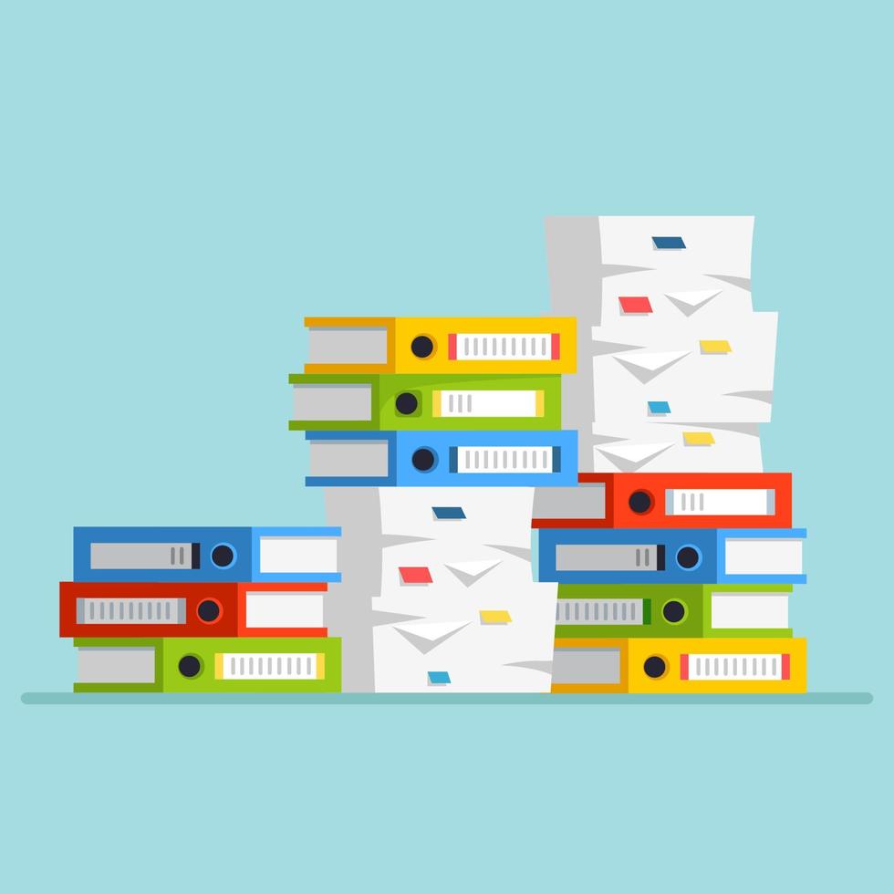 Pile of paper, document stack with carton, cardboard box, folder. Paperwork. Bureaucracy concept. Vector cartoon design