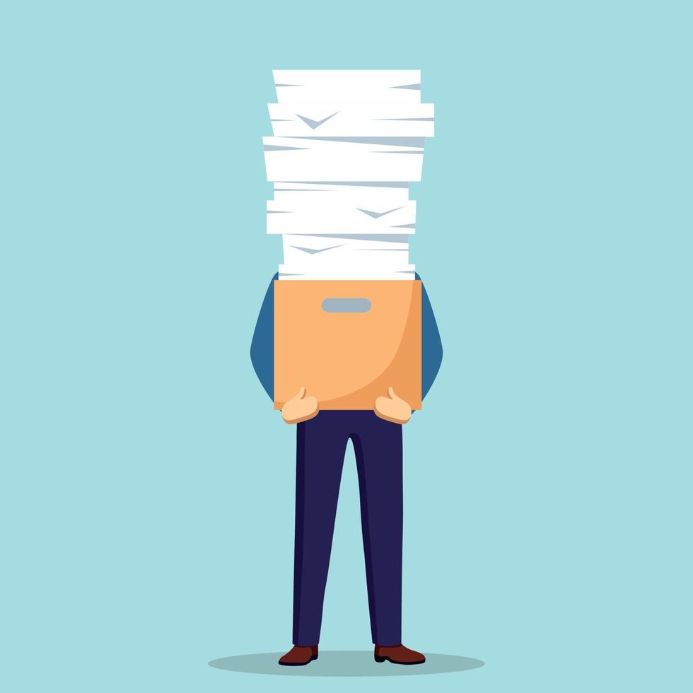 Pile of paper, busy businessman with stack of documents in carton, cardboard box. Paperwork. Bureaucracy concept. Stressed employee. Vector cartoon design