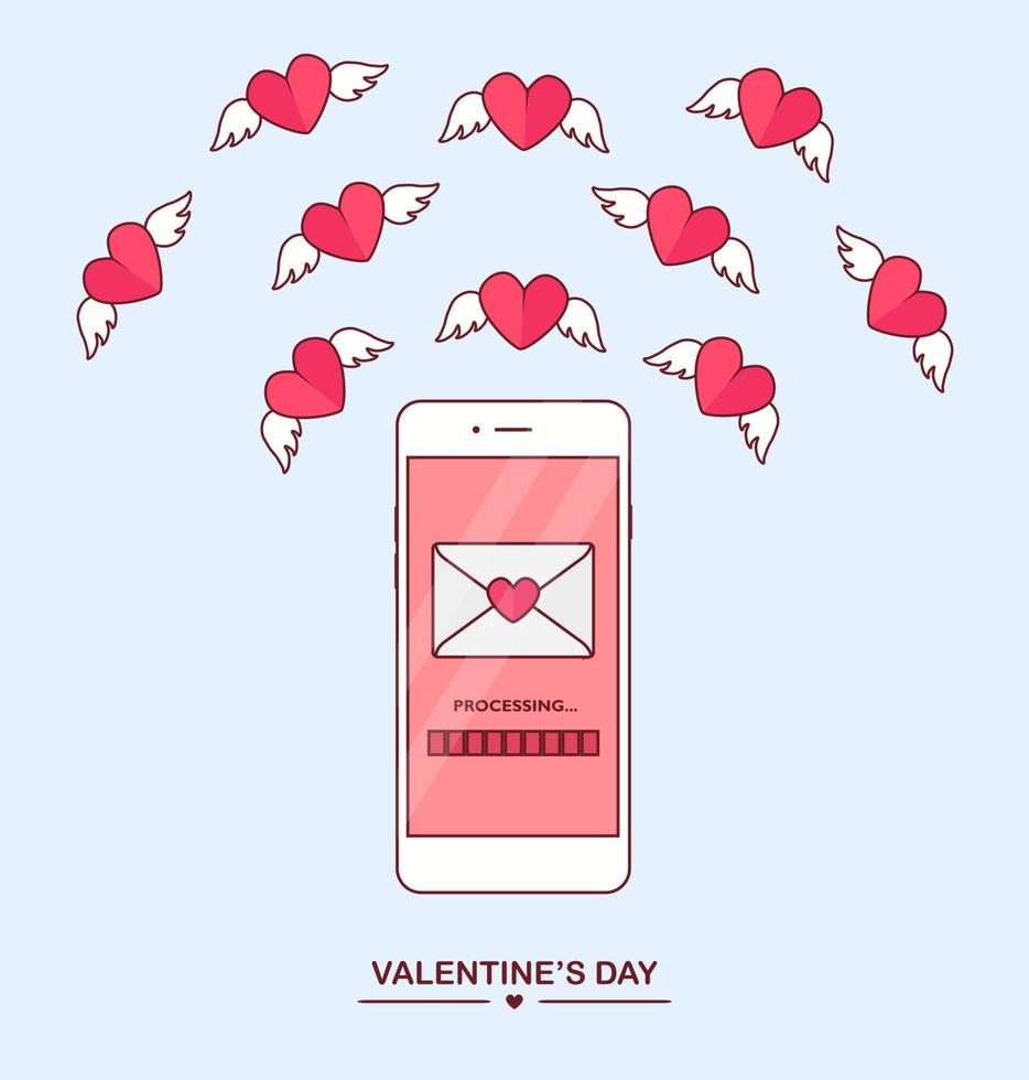 Valentine's day illustration. Send or receive love sms, letter, email with mobile phone. White cellphone isolated on  background. Envelope, flying red heart with wings. Flat design, vector icon.