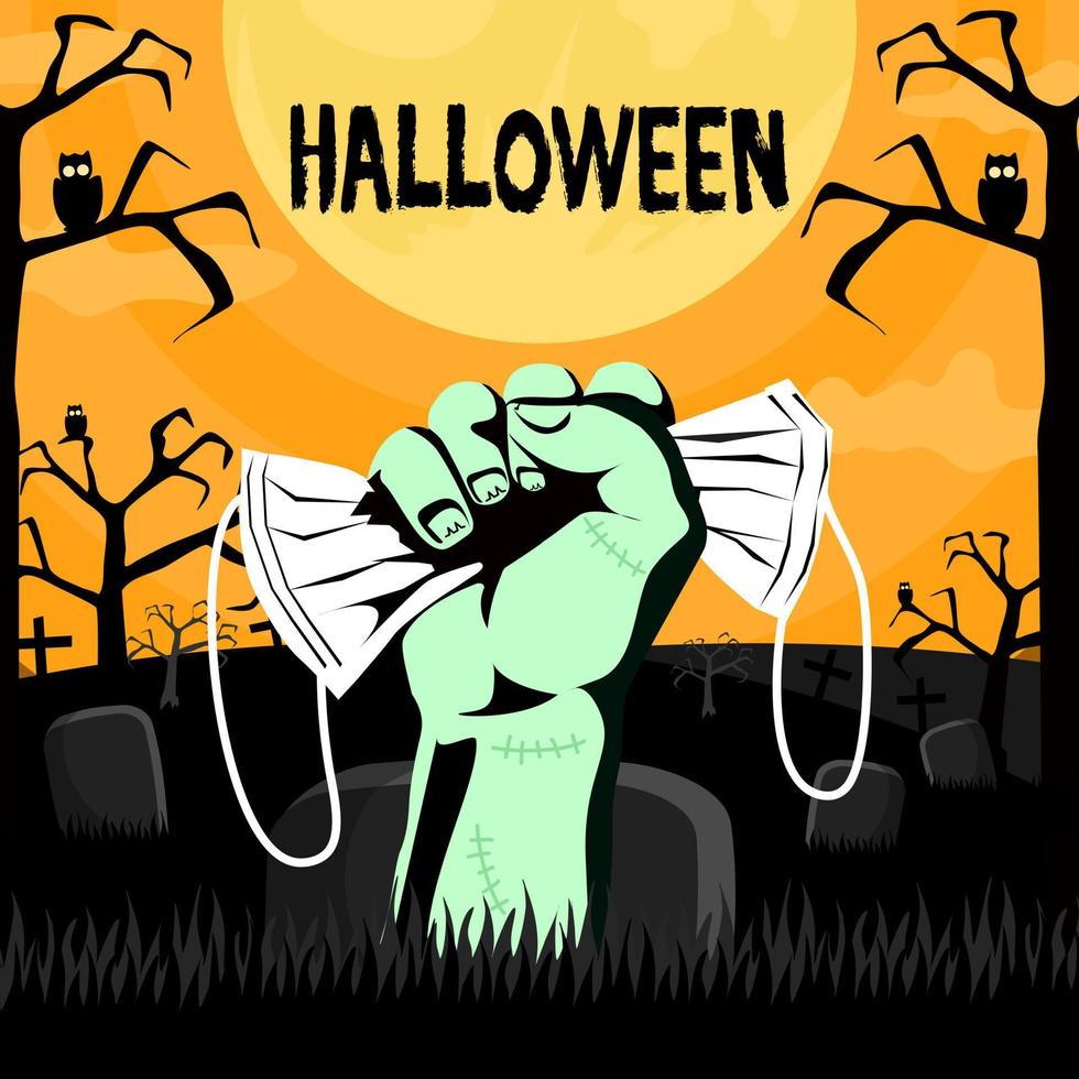 Zombie hands clutching masks on Halloween night vector
