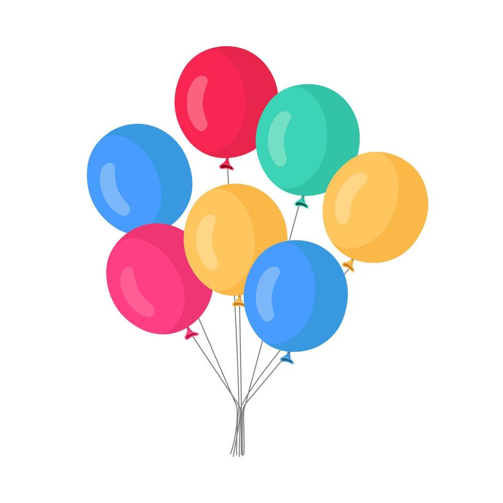 montón de globos de helio, bolas de aire voladoras aisladas en fondo blanco. feliz cumpleaños, concepto de vacaciones. decoración de fiesta diseño de dibujos animados de vectores