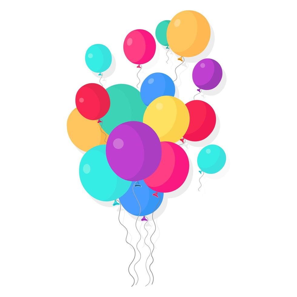 montón de globos de helio, bolas de aire voladoras aisladas en fondo blanco. feliz cumpleaños, concepto de vacaciones. decoración de fiesta diseño de dibujos animados de vectores