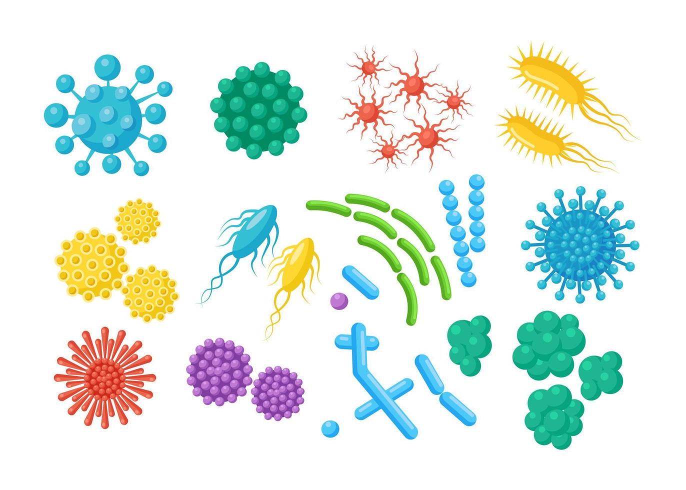 Set of bacteria, microbes, virus, germs. Disease-causing object isolated on background. Bacterial microorganisms, probiotic cells. Vector cartoon design.