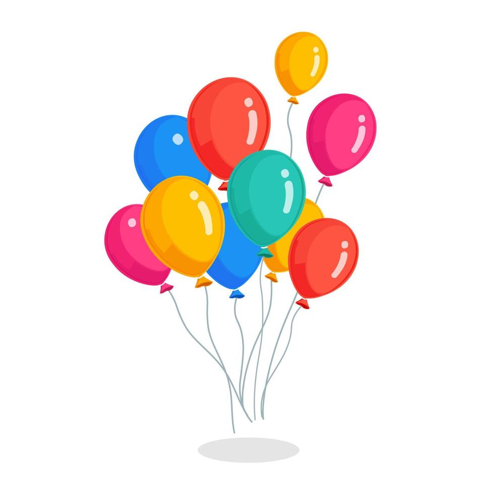 montón de globos de helio, bolas de aire voladoras aisladas en fondo blanco. feliz cumpleaños, concepto de vacaciones. decoración de fiesta diseño de dibujos animados de vectores